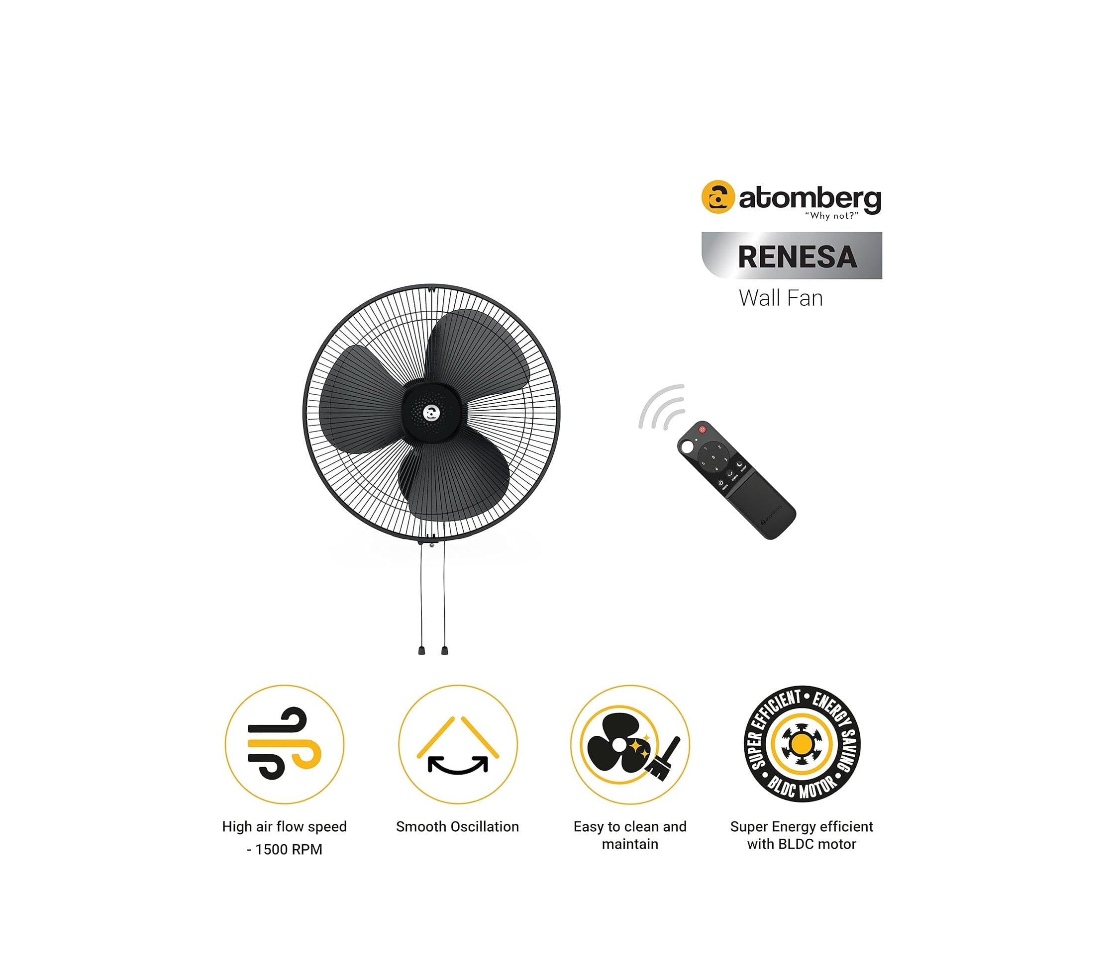 atomberg Renesa 400mm Wall Fan | Silent BLDC Fan | Remote with Timer &amp; Sleep Control | 1+1 Year Warranty (Midnight Black)