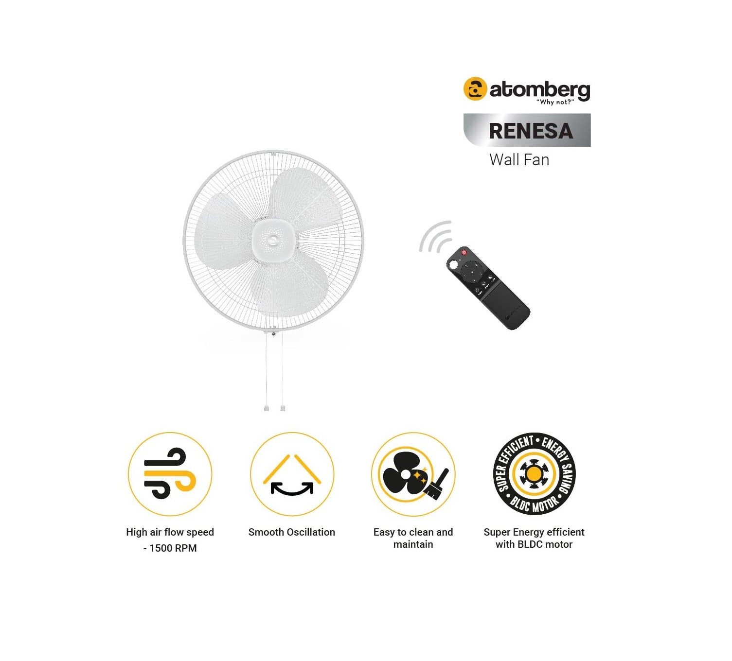 atomberg Renesa 400mm Wall Fan | Silent BLDC Fan | Remote with Timer &amp; Sleep Control (Snow White)