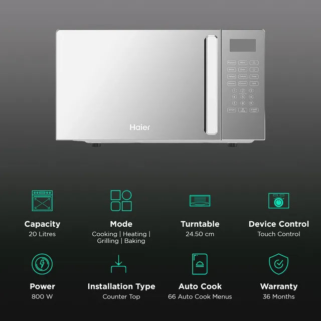Haier HIL2001CSSH 20L Convection Microwave Oven with 66 Autocook Menu (Silver)