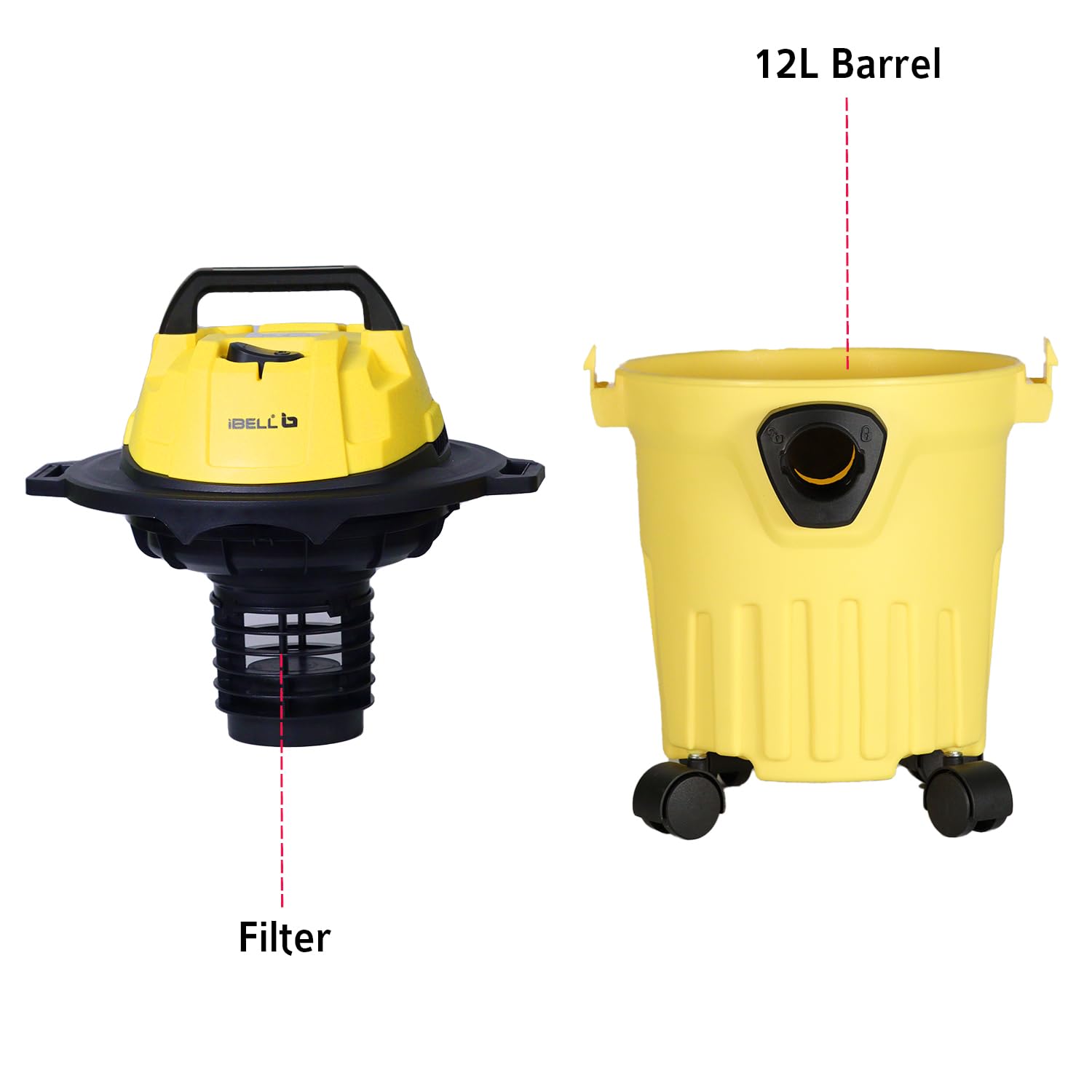 IBELL VC120YBPLUS Vacuum Cleaner, 12L Barrel, 1200W, Wet and Dry Blowing &amp; Suction, High Efficiency Filter (Yellow)