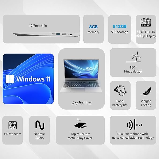 Acer Aspire Lite, 13th Gen Intel Core i3-1305U, 8GB RAM, 512GB SSD, FHD, Windows 11 Home,