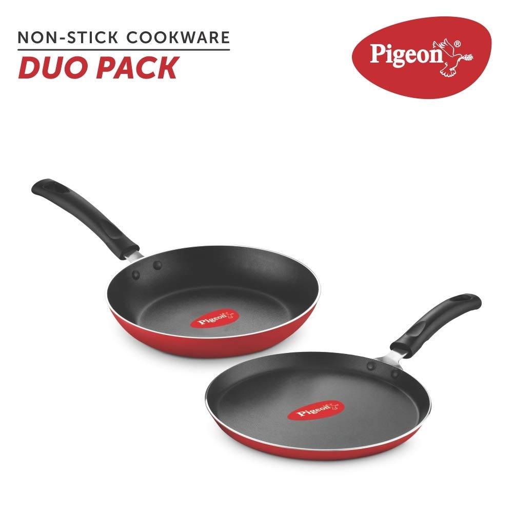 Pigeon Aluminium Nonstick Duo Pack Flat Tawa 250 and Fry Pan 240