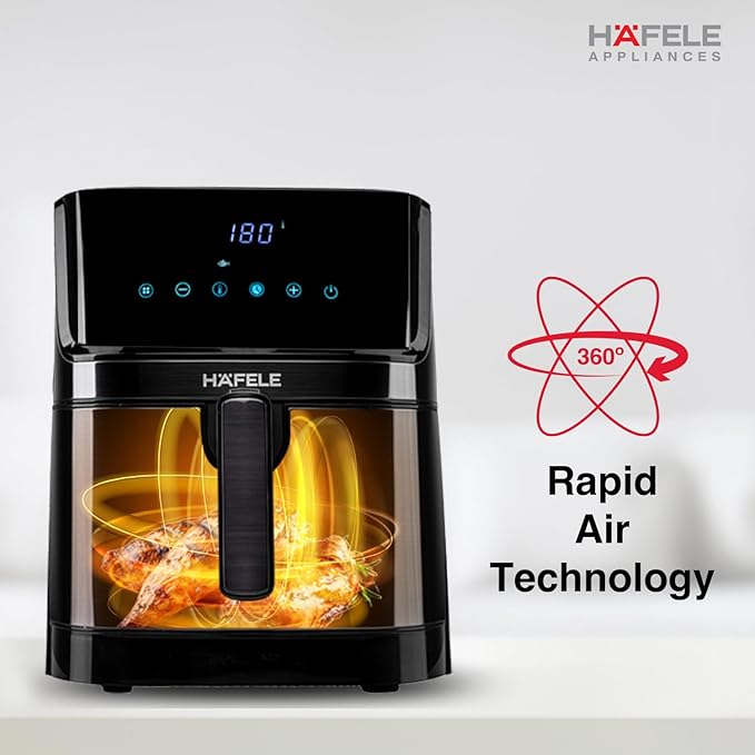 Hafele NOIL 6.3L Digital Air Fryer with 360° Rapid Air Circulation Technology &amp; Touch Panel, Uses 90% Less Oil, 8 Preset Menus, Non-Stick Basket with 6.3 L Capacity,1700W, (Black)