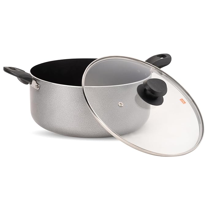NAVRANG Nonstick Biryani &amp; Stew Pot – 7.7 Litre with Glass Lid | 28 cm Multipurpose Aluminum Cooking Handi | Non-Induction | Grey