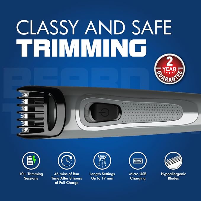 Havells Bt5100C Rechargeable Beard Trimmer with Hypoallergenic Blades; Zero Trim with 0.5 Mm Precision;Upto 17Mm Length Setting for All Styles; 45 Min Runtime,Battery Powered Black &amp; (Grey)-Men