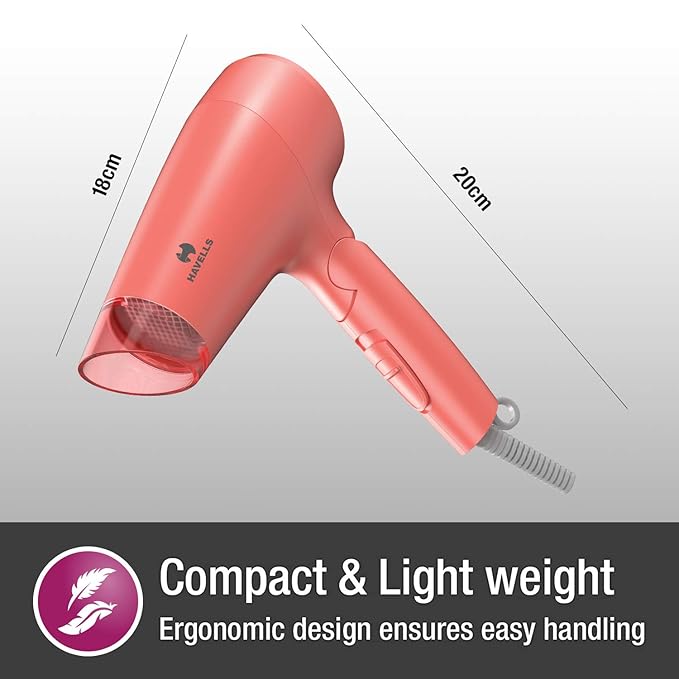 Havells HD2223 1200 Watts Foldable &amp; Travel Friendly Hair Dryer, 3 Heat (Hot/Cool/Warm) Settings, with Overheat Protection (Coral)