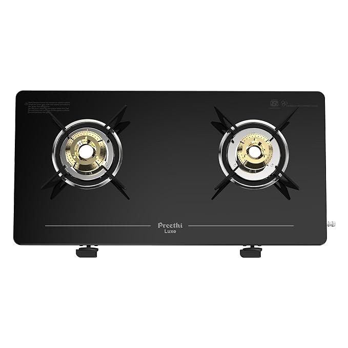 reethi Luxe 2 Burner Glass Top Gas Stove With Driptray Less Infinity Design, 5 Year Warranty on Glass &amp; Burner, Manual Design, Black