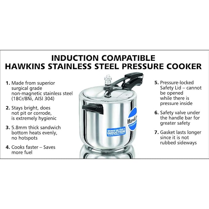 Hawkins 5 Litre Inner Lid Pressure Cooker, Stainless Steel Cooker, Induction Cooker, Silver (HSS60), 5 Liter