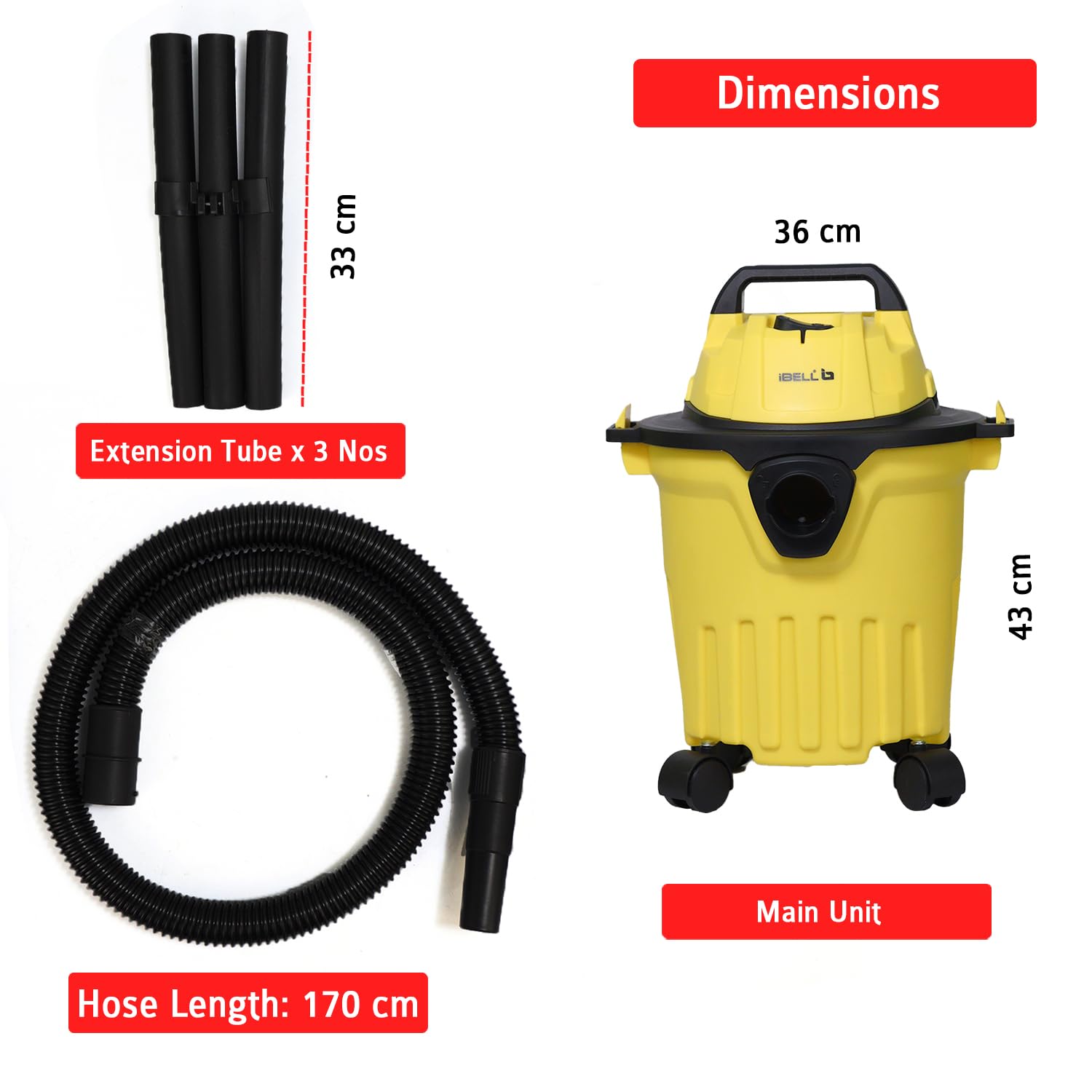 IBELL VC120YBPLUS Vacuum Cleaner, 12L Barrel, 1200W, Wet and Dry Blowing &amp; Suction, High Efficiency Filter (Yellow)