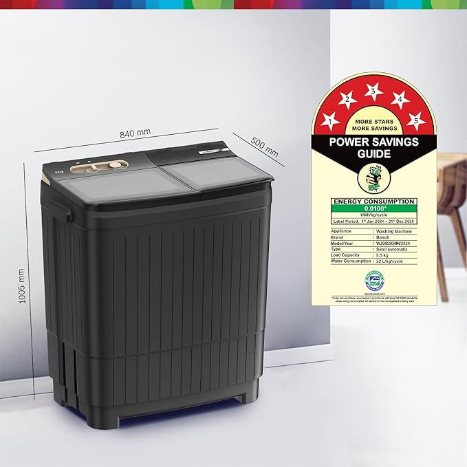 BOSCH 8.5 kg 5 Star with Vario Pulsator +,Scrub Zone &amp; 1360 High RPM Spin Motor Semi Automatic Top Load Washing Machine Black (WJG855G0IN)