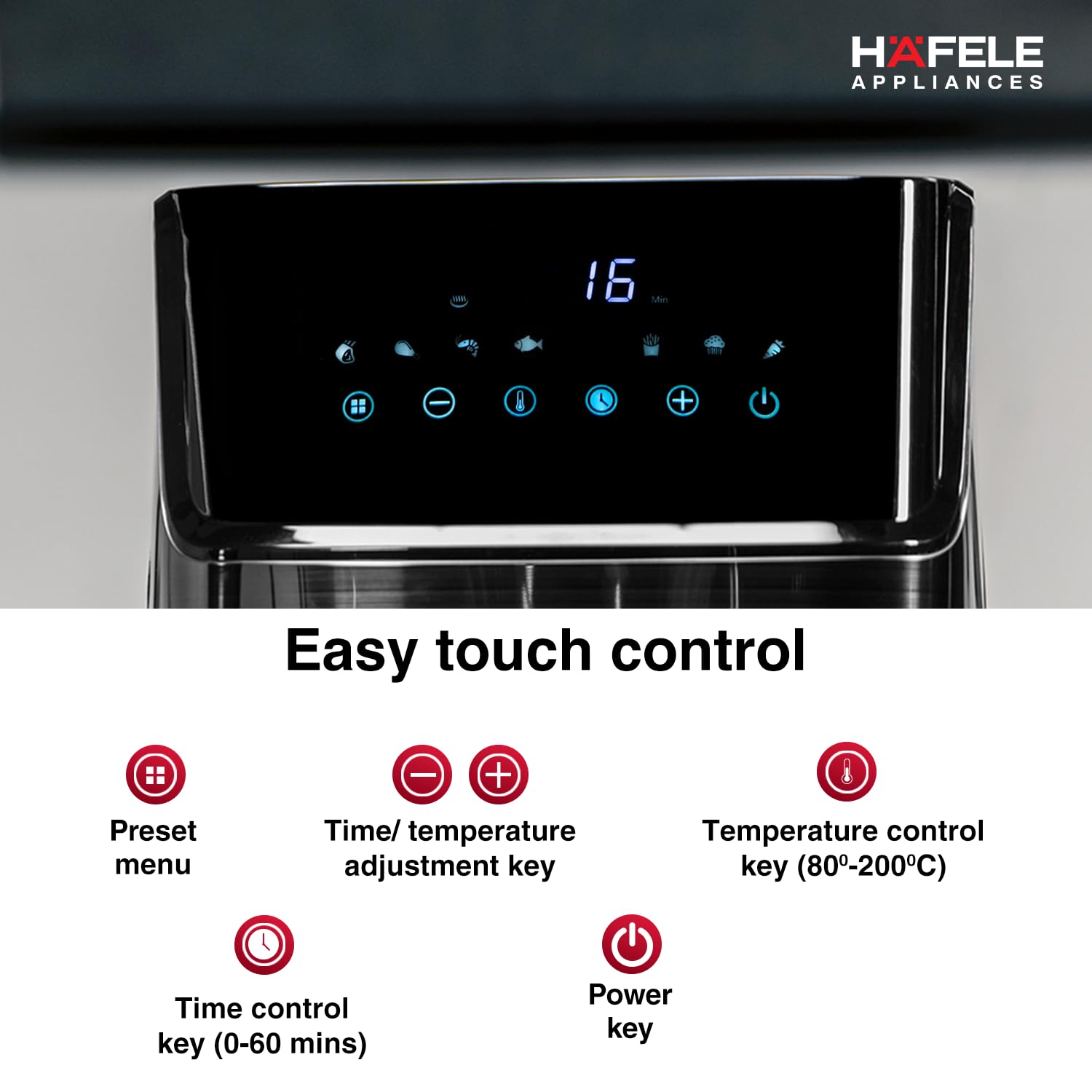 Hafele NOIL 6.3L Digital Air Fryer with 360° Rapid Air Circulation Technology &amp; Touch Panel, Uses 90% Less Oil, 8 Preset Menus, Non-Stick Basket with 6.3 L Capacity,1700W, (Black)