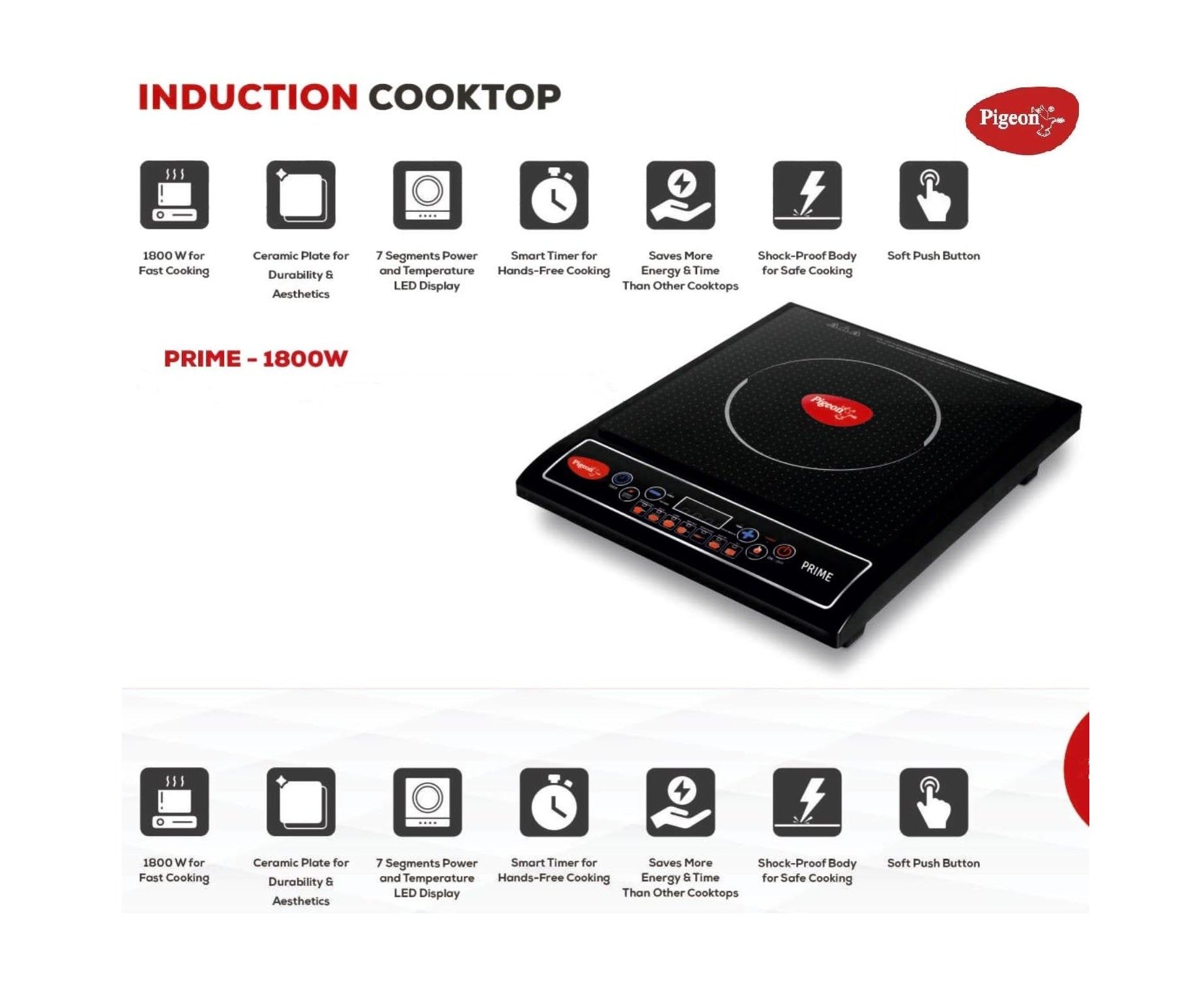 Pigeon Prime 15794 Induction Cooktop (Black, Push Button)