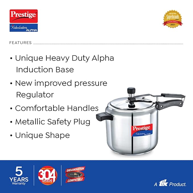 Prestige Nakshatra Alpha Stainless Steel Inner Lid Pressure Cooker, 3 Litres, Stainless Steel, 3 Liter