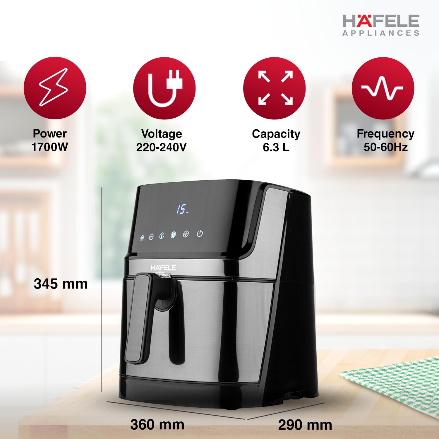 Hafele NOIL 6.3L Digital Air Fryer with 360° Rapid Air Circulation Technology &amp; Touch Panel, Uses 90% Less Oil, 8 Preset Menus, Non-Stick Basket with 6.3 L Capacity,1700W, (Black)