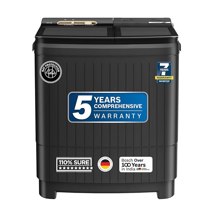 BOSCH 8.5 kg 5 Star with Vario Pulsator +,Scrub Zone &amp; 1360 High RPM Spin Motor Semi Automatic Top Load Washing Machine Black (WJG855G0IN)