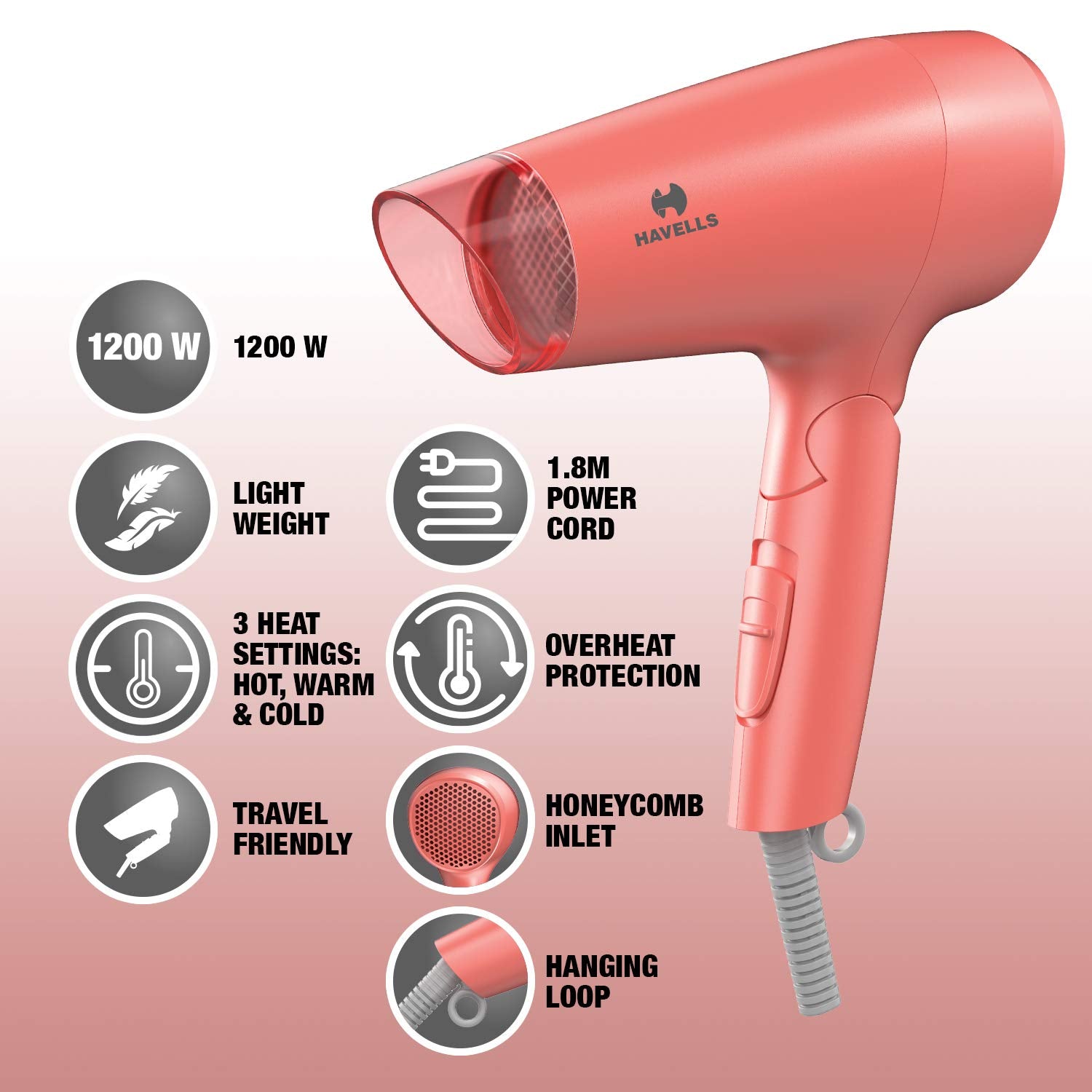 Havells HD2223 1200 Watts Foldable &amp; Travel Friendly Hair Dryer, 3 Heat (Hot/Cool/Warm) Settings, with Overheat Protection (Coral)
