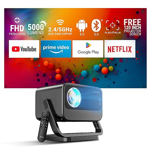 Ant Esports View 822 Smart LED Projector - Black | Auto-Focus 1080P Native &amp; 4K Support, 5000 Lumens, WiFi, Android 9, BT, Remote, Upto 176", Built-in OTT (Netflix, Prime Video), Speaker 2x3W