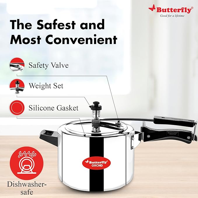 Butterfly Orchid 5 Litres Pressure Cookers | Inner Lid | Superior Stainless Steel | Induction &amp; Gas Stove Compatible | ISI Certified | 5 Years Manufacturer's Warranty | Silver