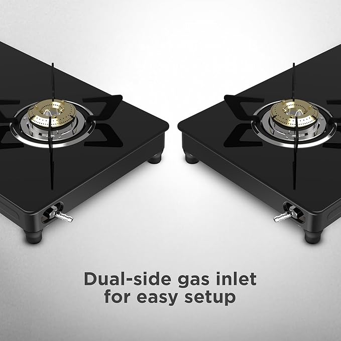 reethi Luxe 2 Burner Glass Top Gas Stove With Driptray Less Infinity Design, 5 Year Warranty on Glass &amp; Burner, Manual Design, Black