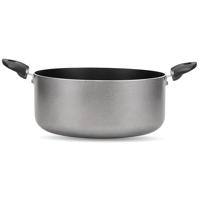 NAVRANG Nonstick Biryani &amp; Stew Pot – 7.7 Litre with Glass Lid | 28 cm Multipurpose Aluminum Cooking Handi | Non-Induction | Grey