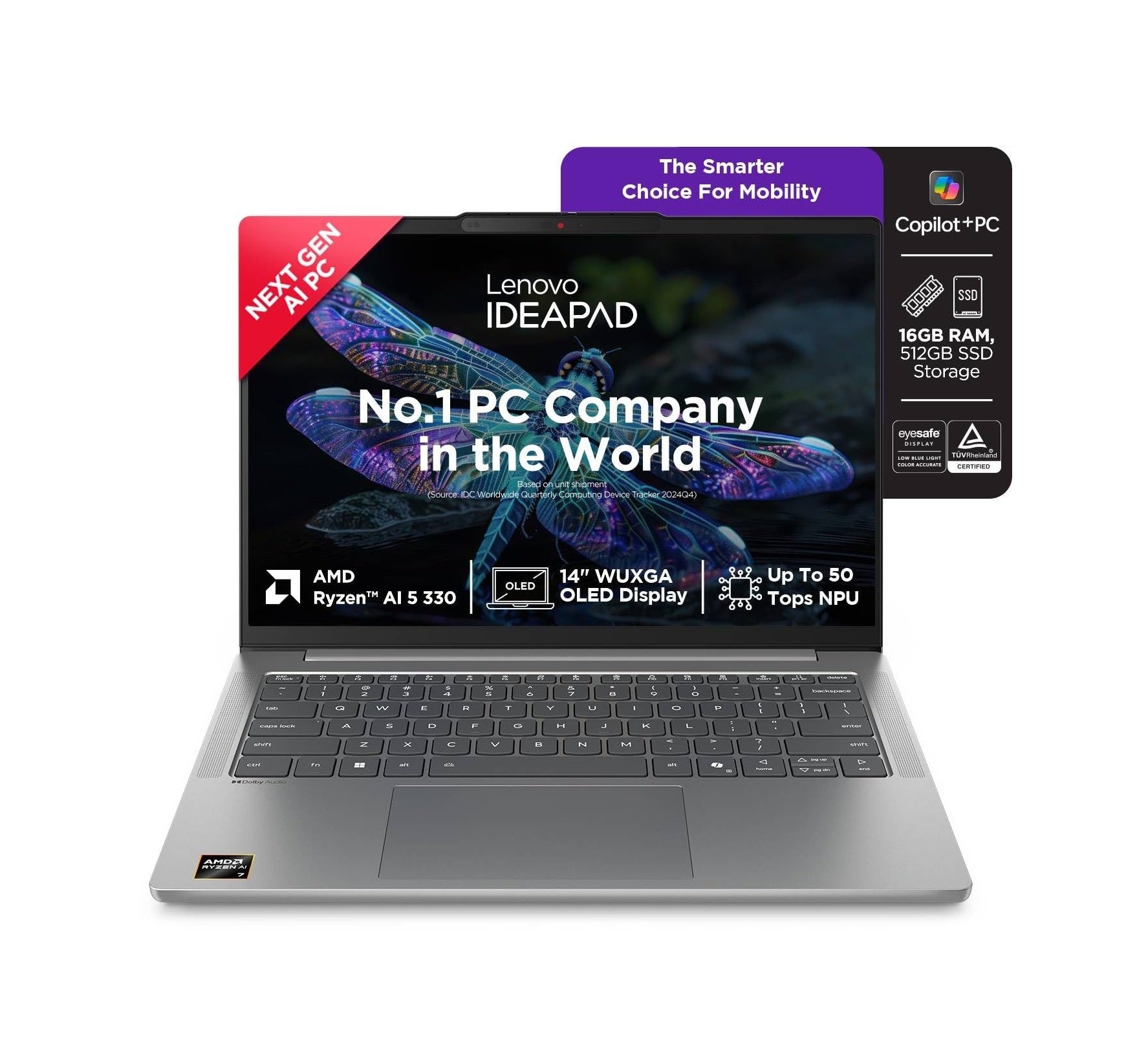 Lenovo IdeaPad Slim 5 AMD Ryzen AI 5 330 (16GB RAM/512GB SSD/14 (35.5cm)/WUXGA IPS/Copilot+ PC/Windows 11/MSO 365 Basic+Office 2024/1Yr ADP Free/Grey/1.4Kg), 83HX00DCIN AI Laptop