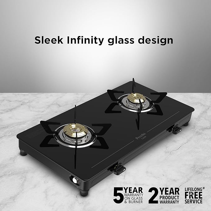 reethi Luxe 2 Burner Glass Top Gas Stove With Driptray Less Infinity Design, 5 Year Warranty on Glass &amp; Burner, Manual Design, Black