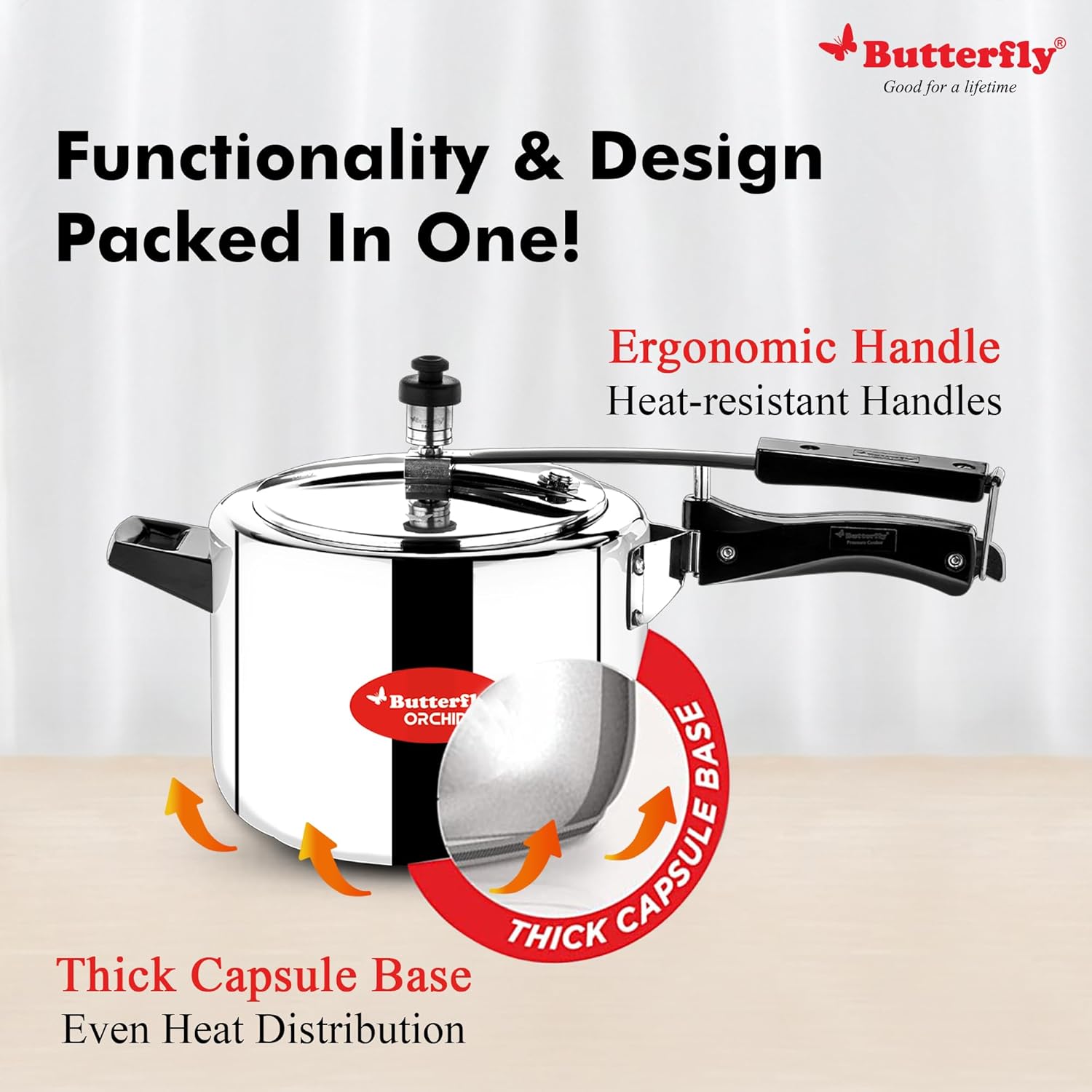 Butterfly Orchid 5 Litres Pressure Cookers | Inner Lid | Superior Stainless Steel | Induction &amp; Gas Stove Compatible | ISI Certified | 5 Years Manufacturer's Warranty | Silver