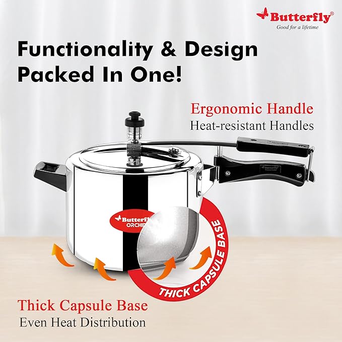 Butterfly Orchid 5 Litres Pressure Cookers | Inner Lid | Superior Stainless Steel | Induction &amp; Gas Stove Compatible | ISI Certified | 5 Years Manufacturer's Warranty | Silver