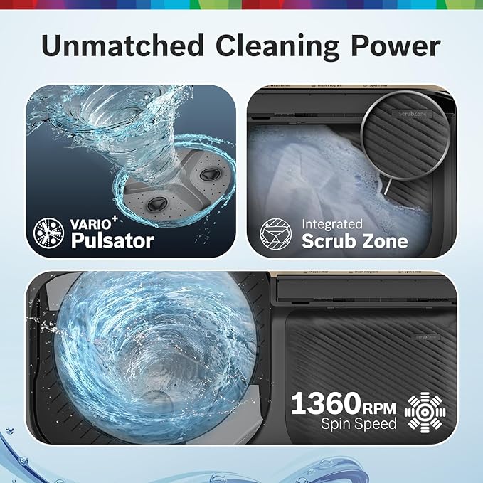 BOSCH 8.5 kg 5 Star with Vario Pulsator +,Scrub Zone &amp; 1360 High RPM Spin Motor Semi Automatic Top Load Washing Machine Black (WJG855G0IN)