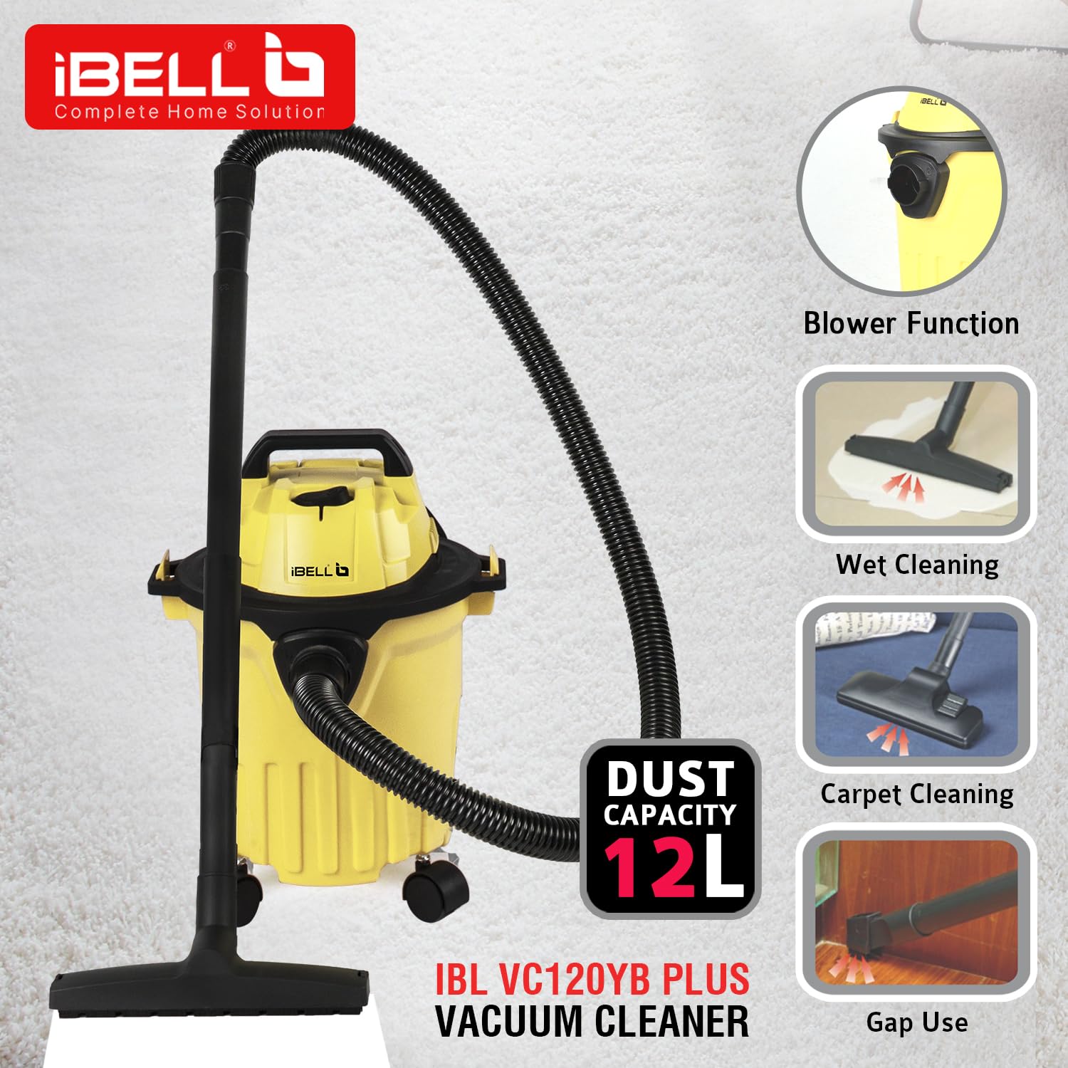 IBELL VC120YBPLUS Vacuum Cleaner, 12L Barrel, 1200W, Wet and Dry Blowing &amp; Suction, High Efficiency Filter (Yellow)