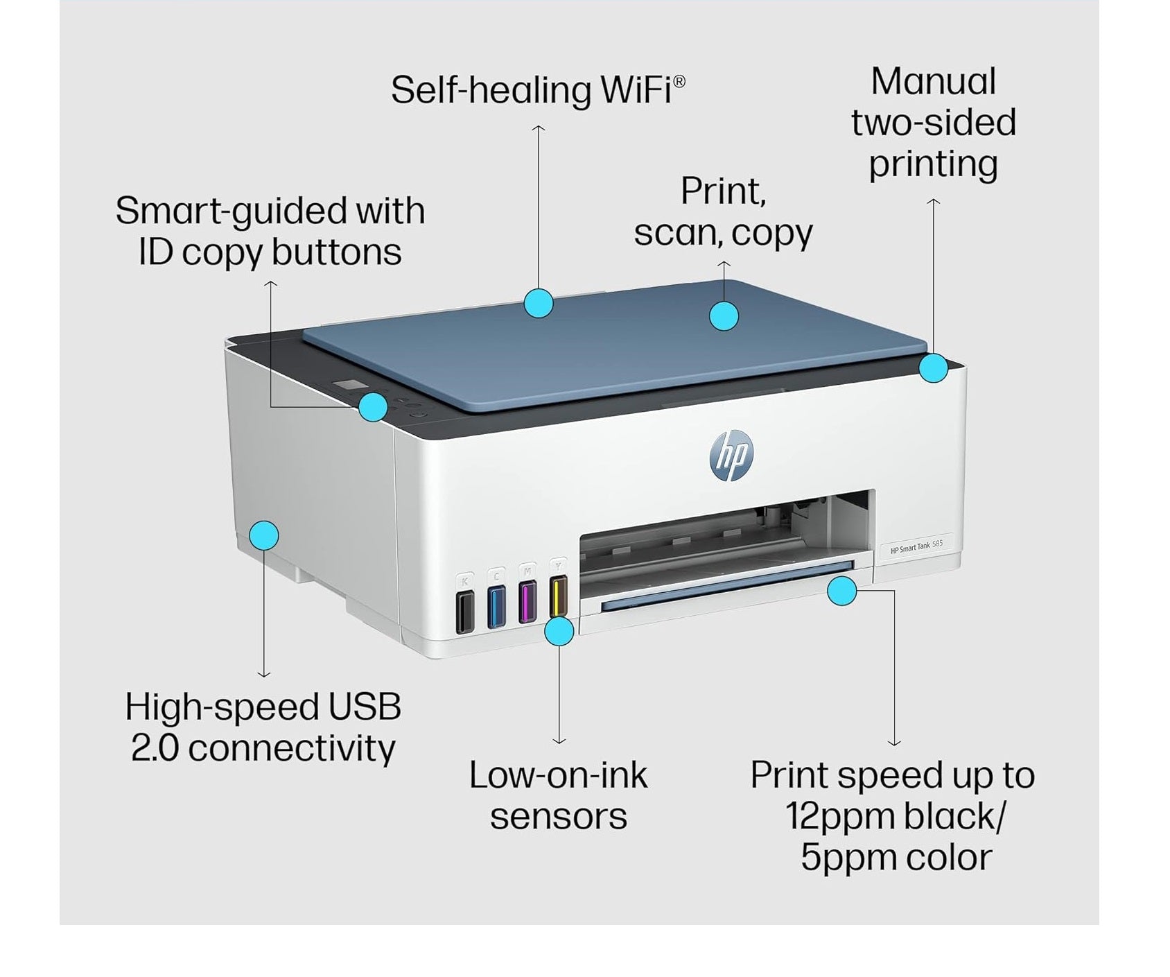 HP Smart Tank 585 All-in-one WiFi Colour Printer (Upto 6000 Black and 6000 Colour Pages Included in The Box). - Print, Scan &amp; Copy for Office/Home