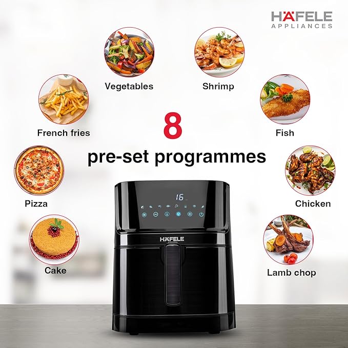 Hafele NOIL 6.3L Digital Air Fryer with 360° Rapid Air Circulation Technology &amp; Touch Panel, Uses 90% Less Oil, 8 Preset Menus, Non-Stick Basket with 6.3 L Capacity,1700W, (Black)