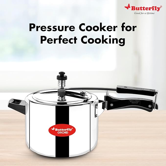 Butterfly Orchid 5 Litres Pressure Cookers | Inner Lid | Superior Stainless Steel | Induction &amp; Gas Stove Compatible | ISI Certified | 5 Years Manufacturer's Warranty | Silver