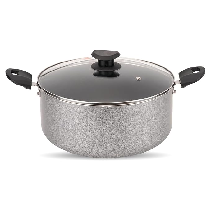 NAVRANG Nonstick Biryani &amp; Stew Pot – 7.7 Litre with Glass Lid | 28 cm Multipurpose Aluminum Cooking Handi | Non-Induction | Grey