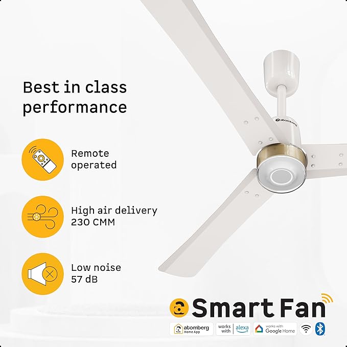 atomberg Renesa Elite Smart 1200mm BLDC Ceiling Fan with IoT &amp; Remote Control | 5 star | High Air Delivery with Moonbeam LED Light | New Sleek Design | Newly Launched | 3 Year Warranty|Pearl White