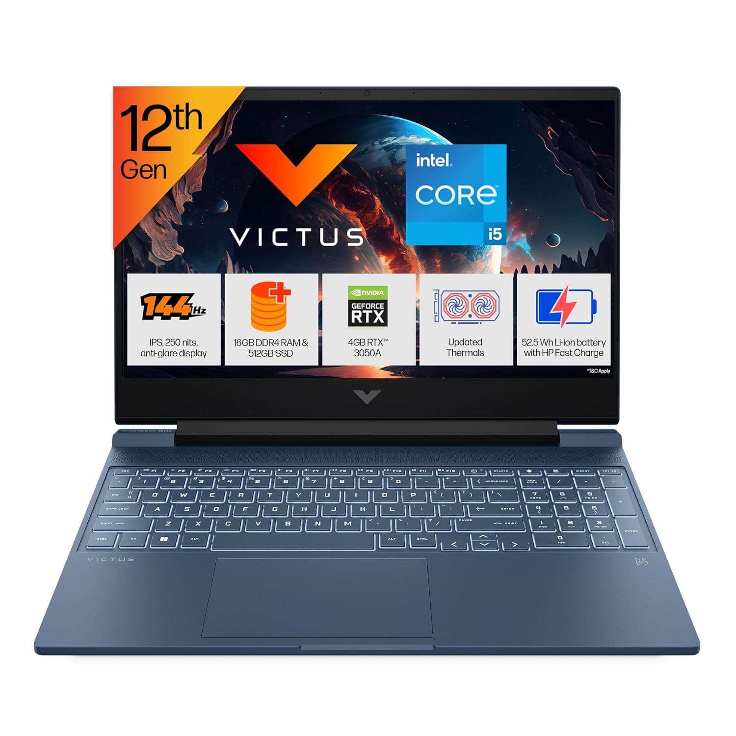 HP Victus, 12th Gen Intel Core i5-12450H, RTX 3050 (16GB DDR4, 512GB SSD) FHD, IPS, 144Hz, 15.6"/39.6cm, Win 11, Office 21, Blue, 2.3kg, fa1412tx, B&amp;O Audio, Backlit Gaming Laptop