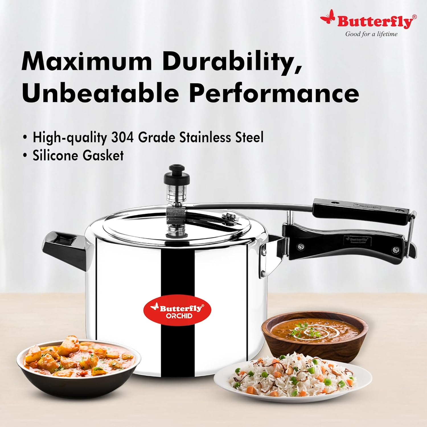 Butterfly Orchid 5 Litres Pressure Cookers | Inner Lid | Superior Stainless Steel | Induction &amp; Gas Stove Compatible | ISI Certified | 5 Years Manufacturer's Warranty | Silver