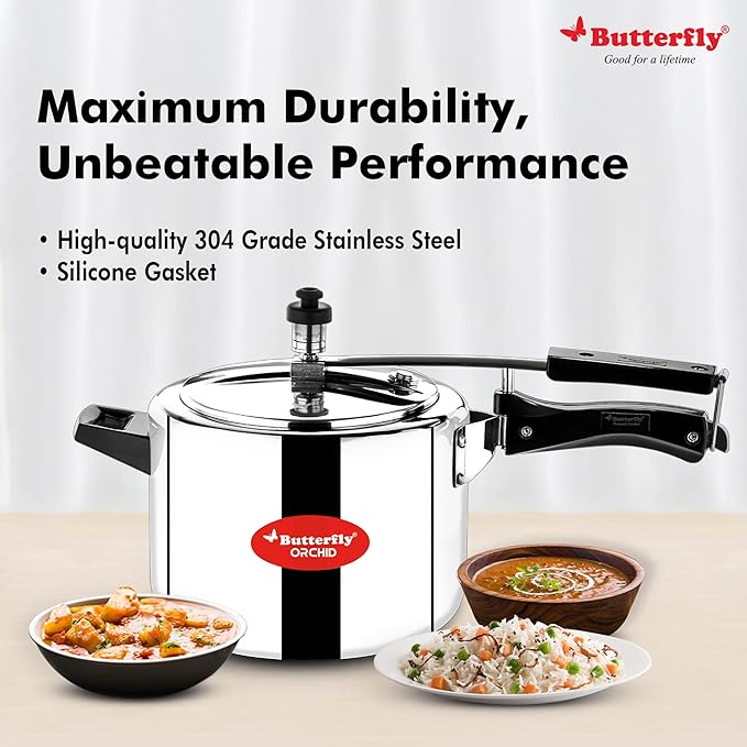 Butterfly Orchid 5 Litres Pressure Cookers | Inner Lid | Superior Stainless Steel | Induction &amp; Gas Stove Compatible | ISI Certified | 5 Years Manufacturer's Warranty | Silver
