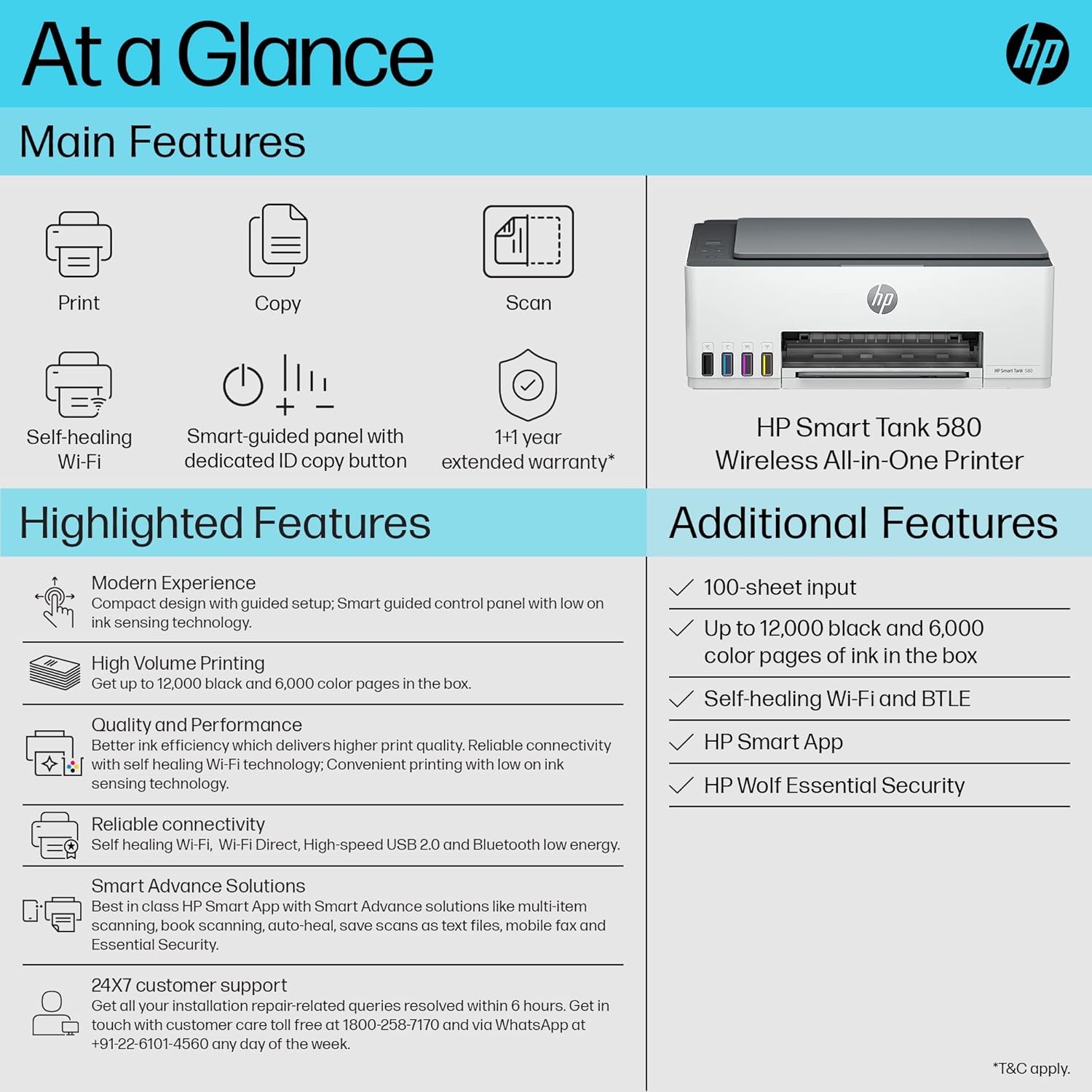 HP Smart Tank 580 All-in-One WiFi Colour Wireless Solid Ink Printer | 1 Extra Black Ink Bottle | 1+1 Year Extended Warranty with PHA Coverage | Up to 8000 Black &amp; 6000 Colour Prints