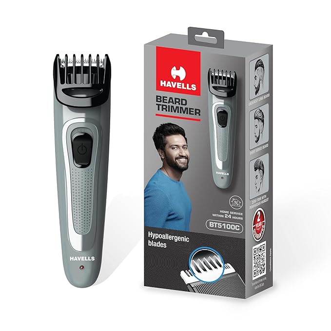 Havells Bt5100C Rechargeable Beard Trimmer with Hypoallergenic Blades; Zero Trim with 0.5 Mm Precision;Upto 17Mm Length Setting for All Styles; 45 Min Runtime,Battery Powered Black &amp; (Grey)-Men