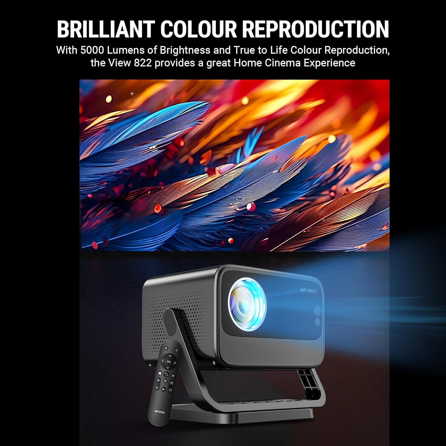 Ant Esports View 822 Smart LED Projector - Black | Auto-Focus 1080P Native &amp; 4K Support, 5000 Lumens, WiFi, Android 9, BT, Remote, Upto 176", Built-in OTT (Netflix, Prime Video), Speaker 2x3W