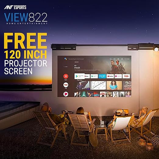 Ant Esports View 822 Smart LED Projector - Black | Auto-Focus 1080P Native &amp; 4K Support, 5000 Lumens, WiFi, Android 9, BT, Remote, Upto 176", Built-in OTT (Netflix, Prime Video), Speaker 2x3W