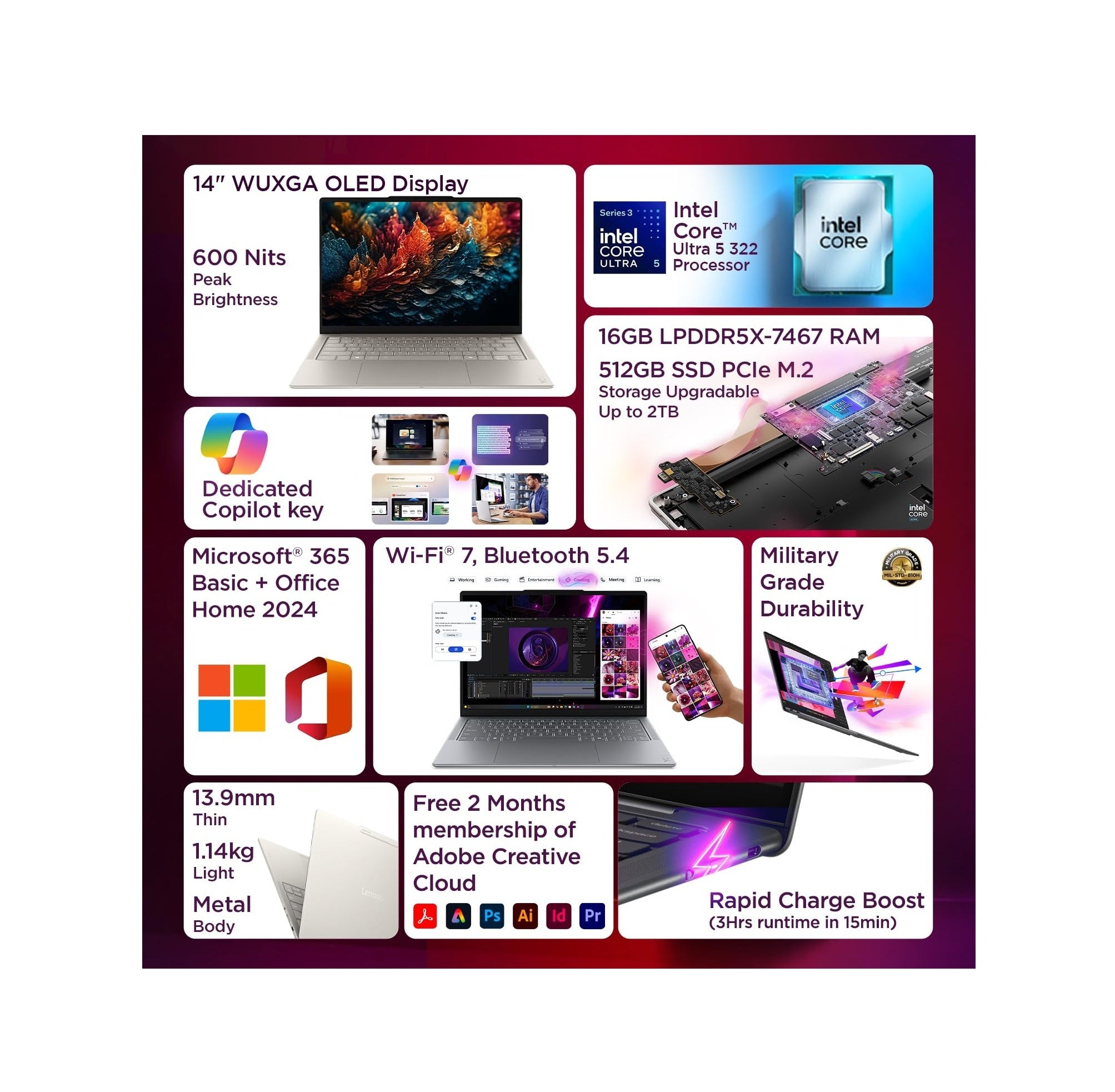 Lenovo Yoga Slim 7 Aura Edition Intel Evo Core Ultra 5 322 (16GB RAM/512GB SSD/14 (35.5cm)/WUXGA OLED/Copilot+ PC/Windows 11/MSO 365 Basic+Office24/Seashell/1.14Kg), 83QM0047IN