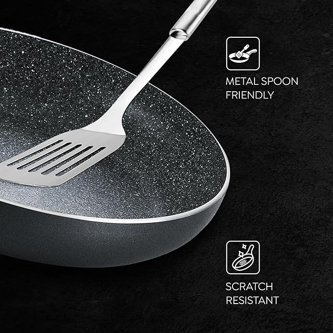 Prestige Omega Deluxe Granite Aluminium 3 Pcs Set- Tawa, Fry Pan  with 1 Glass Lid|Non-Stick|Induction &amp; Gas Compatible|Black
