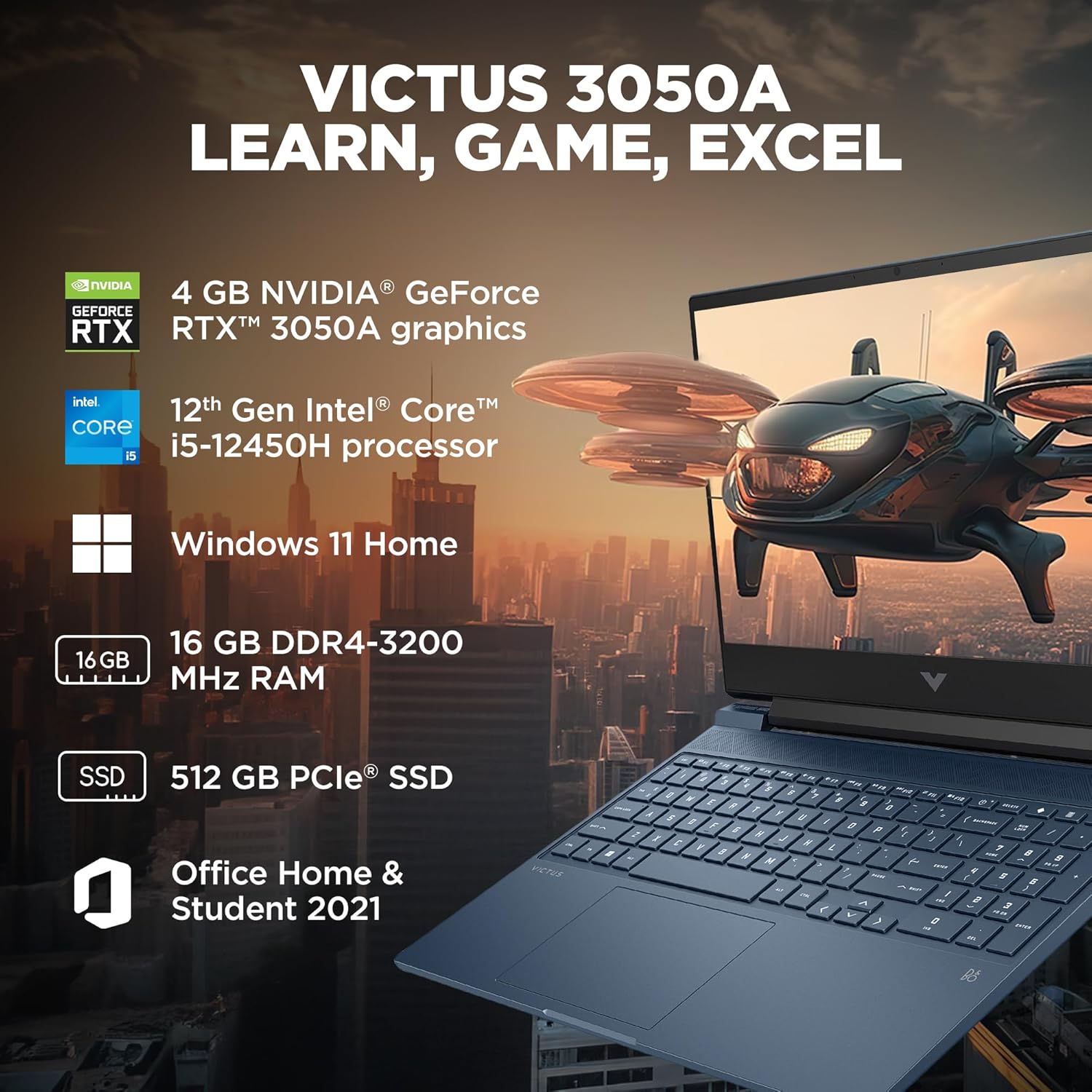 HP Victus, 12th Gen Intel Core i5-12450H, RTX 3050 (16GB DDR4, 512GB SSD) FHD, IPS, 144Hz, 15.6"/39.6cm, Win 11, Office 21, Blue, 2.3kg, fa1412tx, B&amp;O Audio, Backlit Gaming Laptop