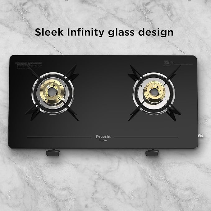 reethi Luxe 2 Burner Glass Top Gas Stove With Driptray Less Infinity Design, 5 Year Warranty on Glass &amp; Burner, Manual Design, Black