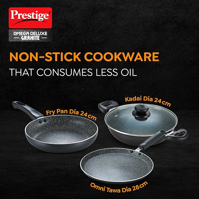 Prestige Omega Deluxe Granite Aluminium 3 Pcs Set- Tawa, Fry Pan  with 1 Glass Lid|Non-Stick|Induction &amp; Gas Compatible|Black
