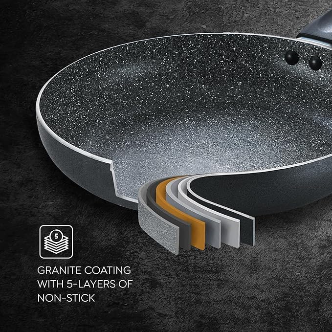 Prestige Omega Deluxe Granite Aluminium 3 Pcs Set- Tawa, Fry Pan  with 1 Glass Lid|Non-Stick|Induction &amp; Gas Compatible|Black