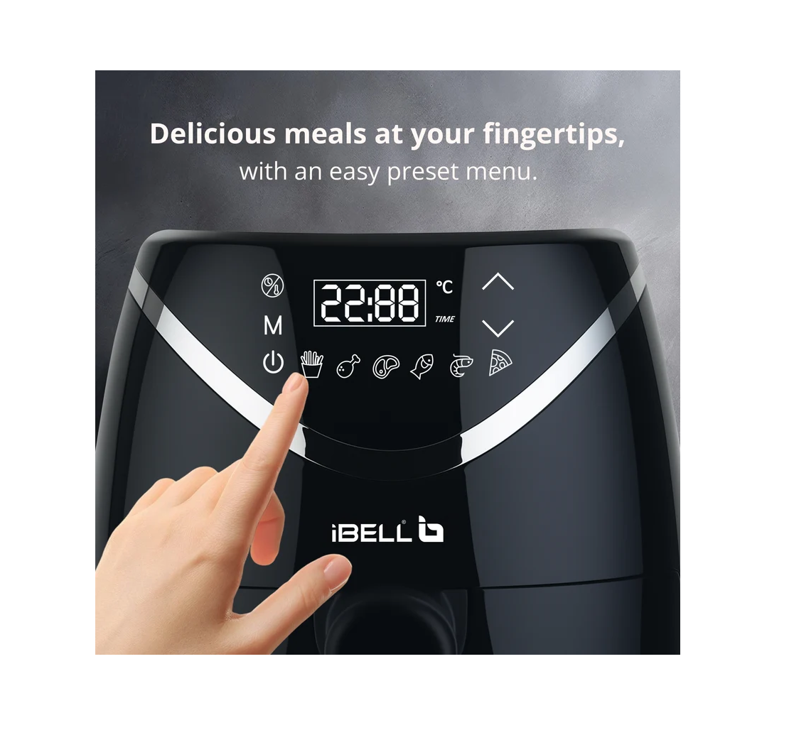 iBELL 3.2L Digital Air Fryer |800W, Feather Touch Control, 6 Preset Cooking Modes, Adjustable Temperature, One Basket with Steam Rack, Oil-Free Healthy Cooking (IBLAEROFRY300)
