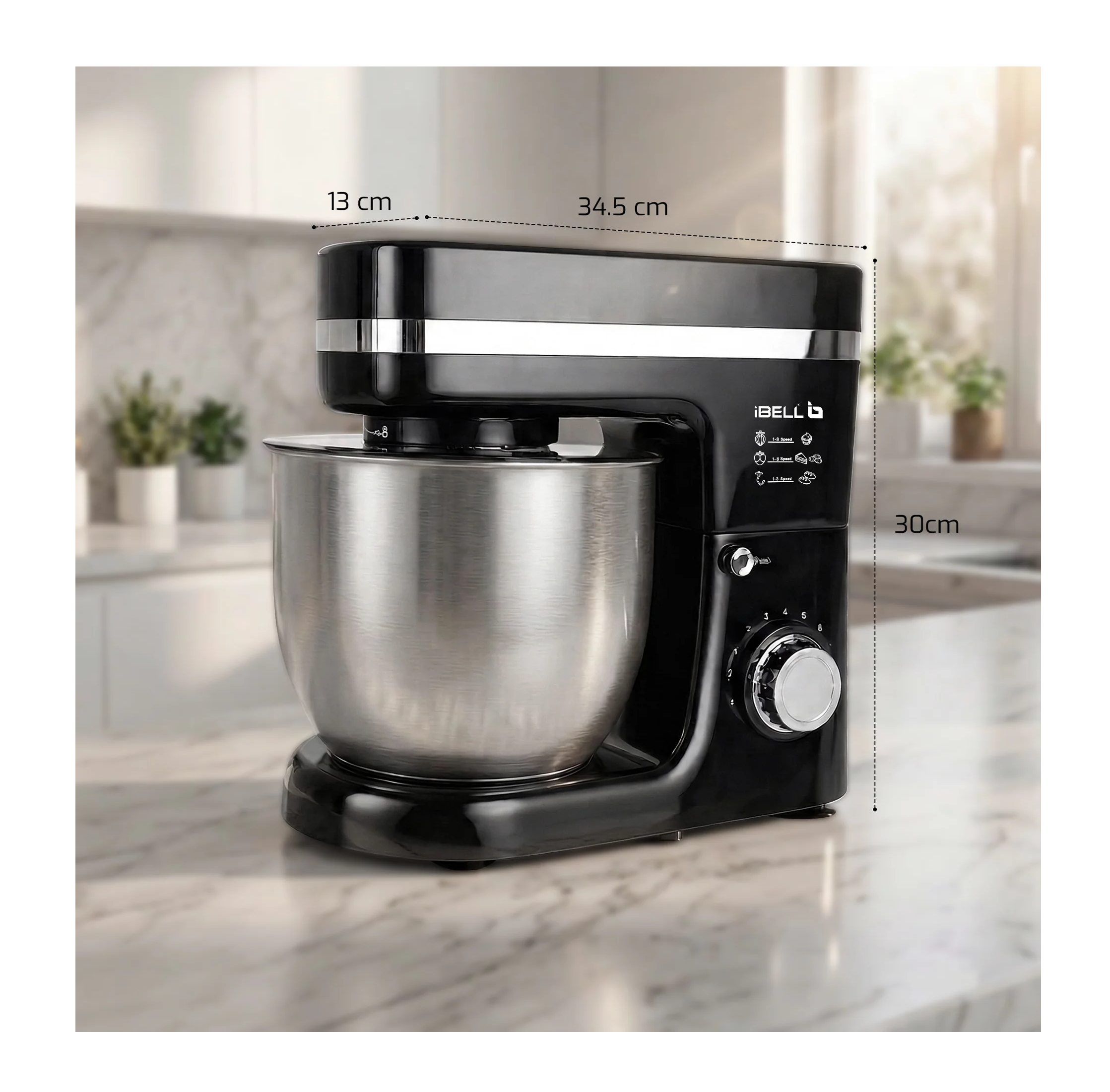 iBELL 4500M PRO Stand Mixer – 1500W Kitchen Mixer with Tilt-Up Head, 8-Speed Control, 100% Copper Motor, 5L Stainless Steel Bowl & Planetary Mixing Action, Multipurpose Food Mixer